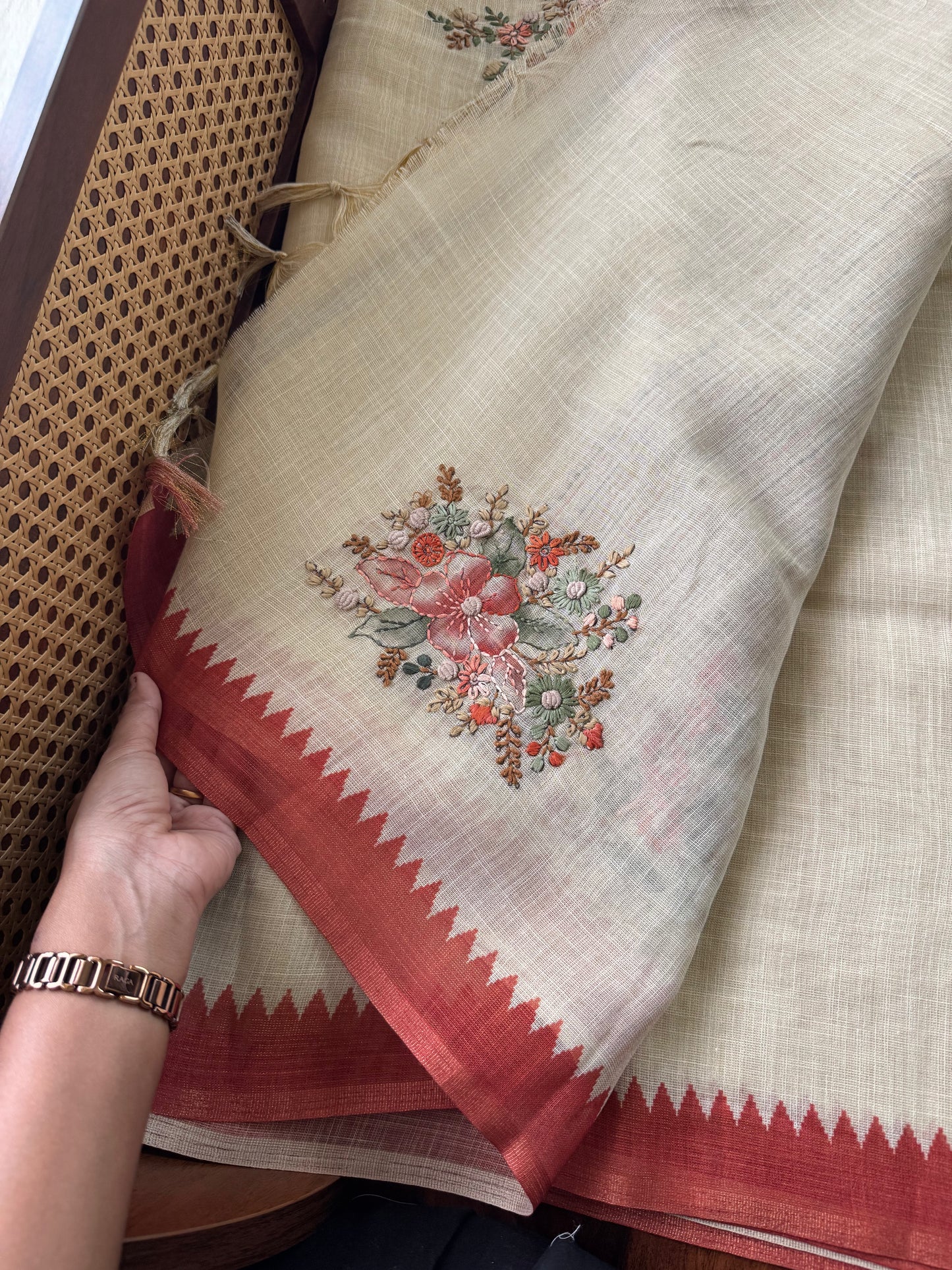 Premium Tissue Linen Sarees - Half White & Rustic Orange