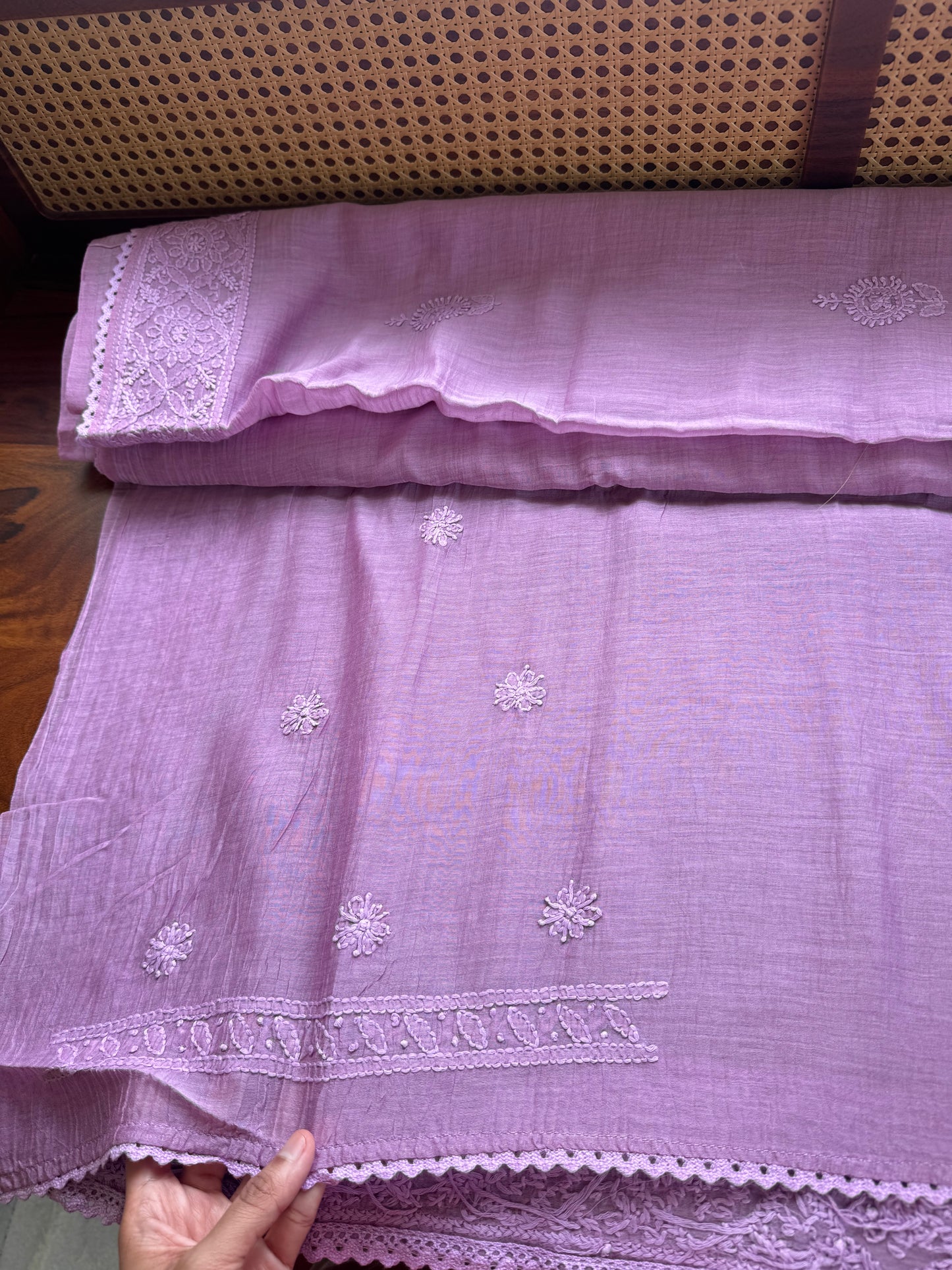 Pure Mul Chanderi Chikankari Saree - Lavender