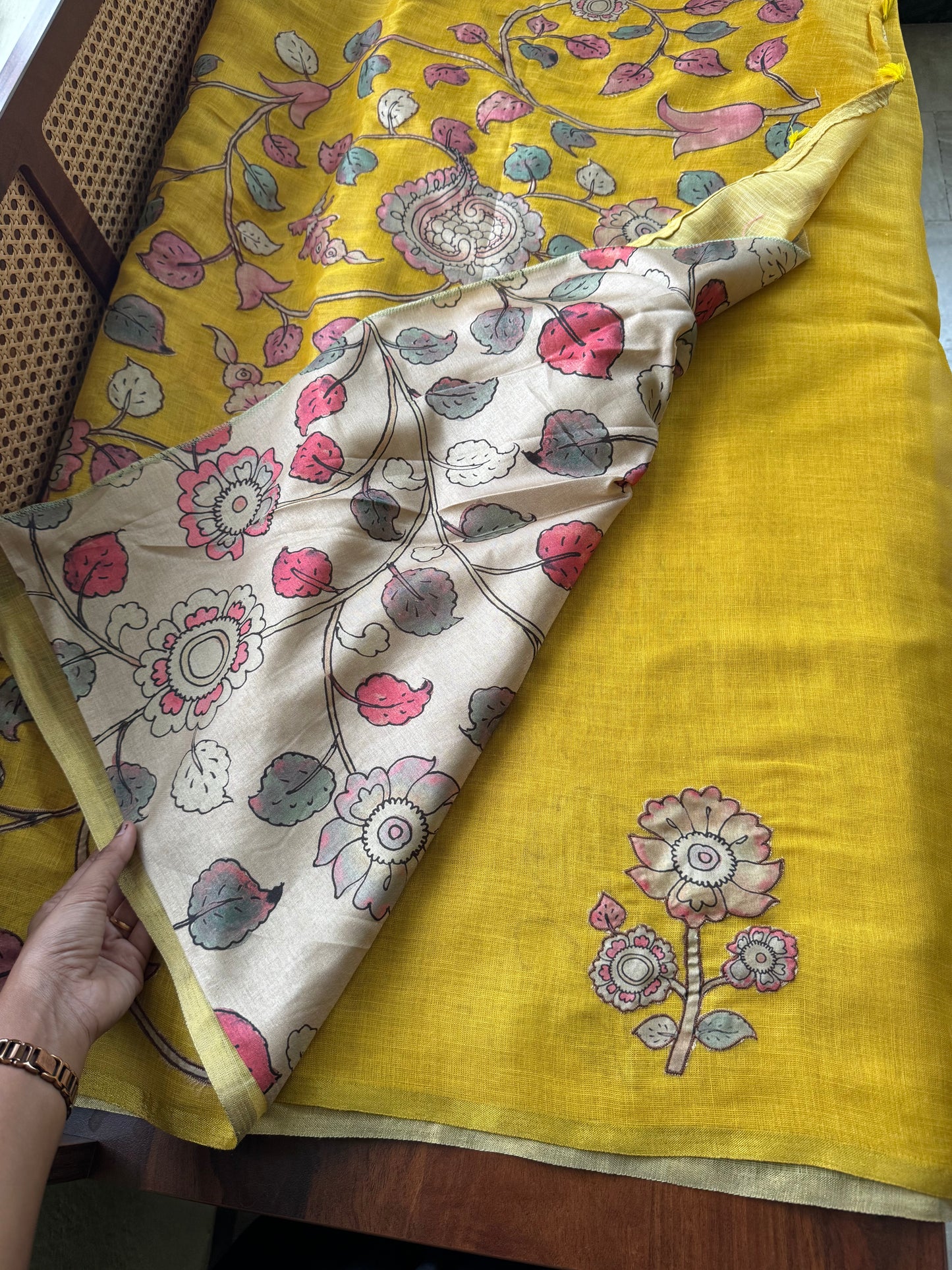 Tissue Cotton Applique Sarees - Yellow