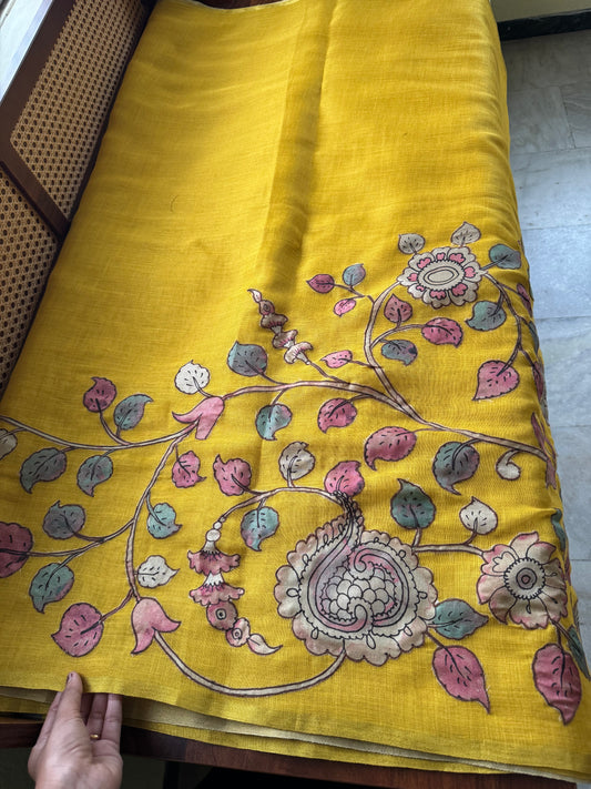Tissue Cotton Applique Sarees - Yellow