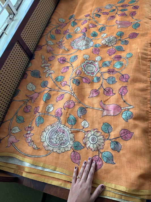 Tissue Cotton Applique Sarees - Orange Yellow