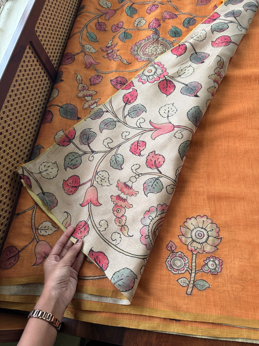 Tissue Cotton Applique Sarees - Orange Yellow