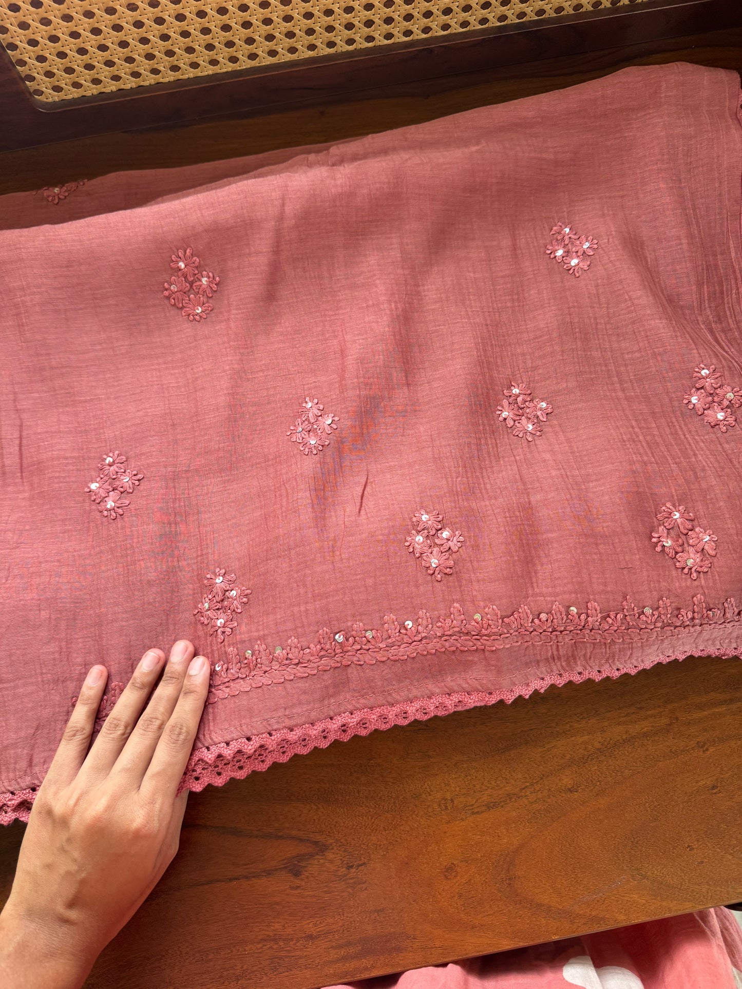 Pure Mul Chanderi Chikankari Saree -Dusty Pink