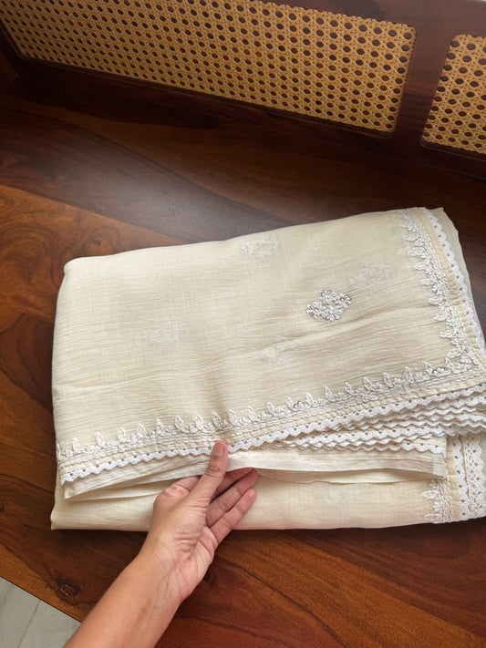 Pure Mul Chanderi Chikankari Saree -Half White
