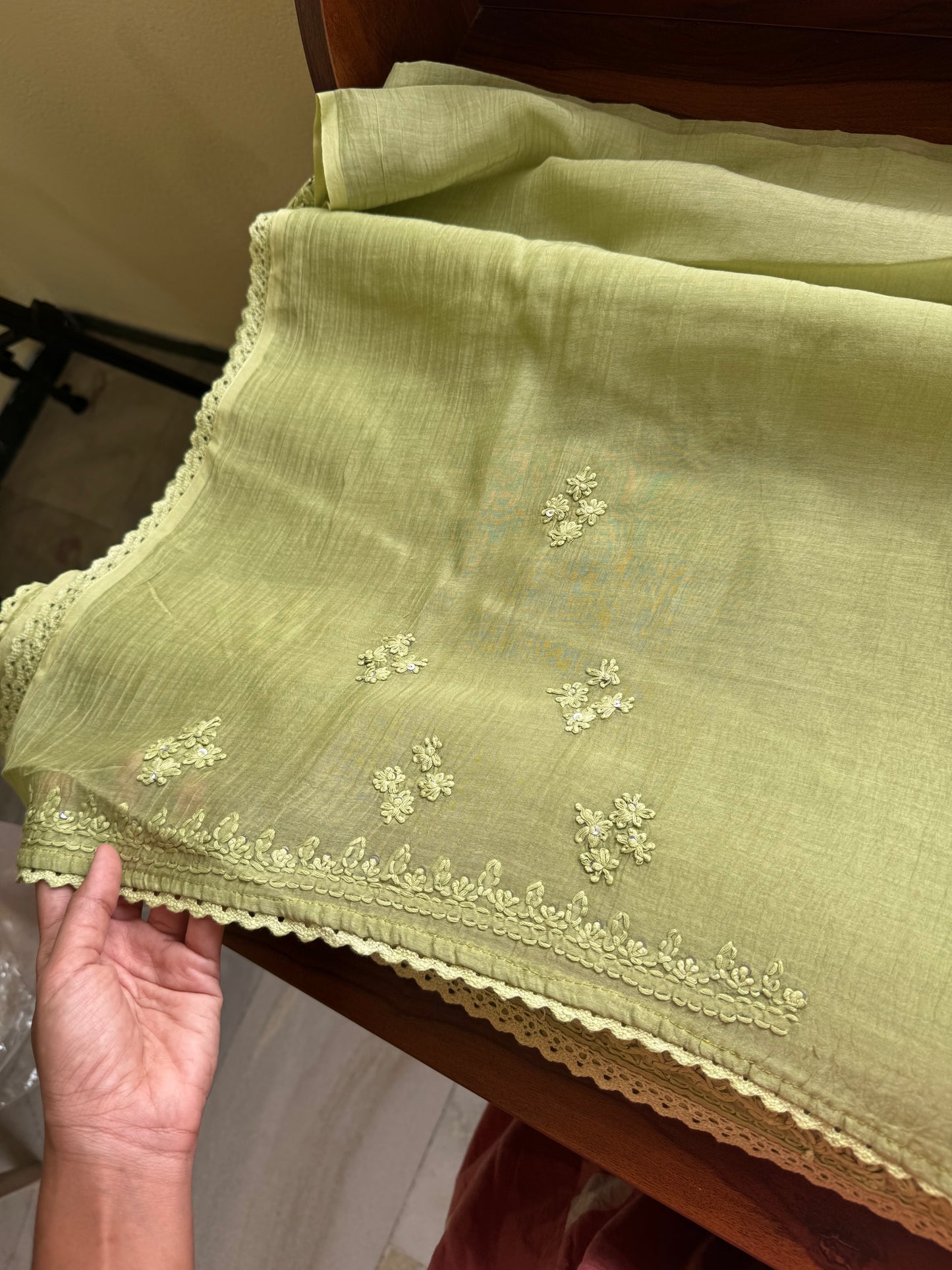 Pure Mul Chanderi Chikankari Saree -Pastel Green