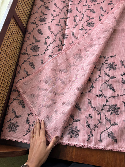 Embroidered Silky Kota Saree - Pastel Peach