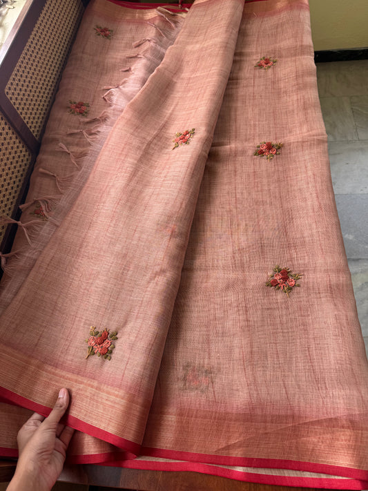 Premium Tissue Linen Sarees with heavy blouse - Peach