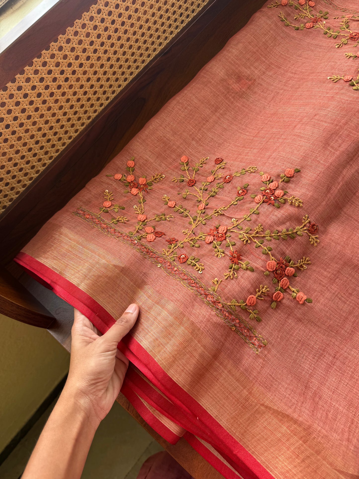 Premium Tissue Linen Sarees with heavy blouse - Peach