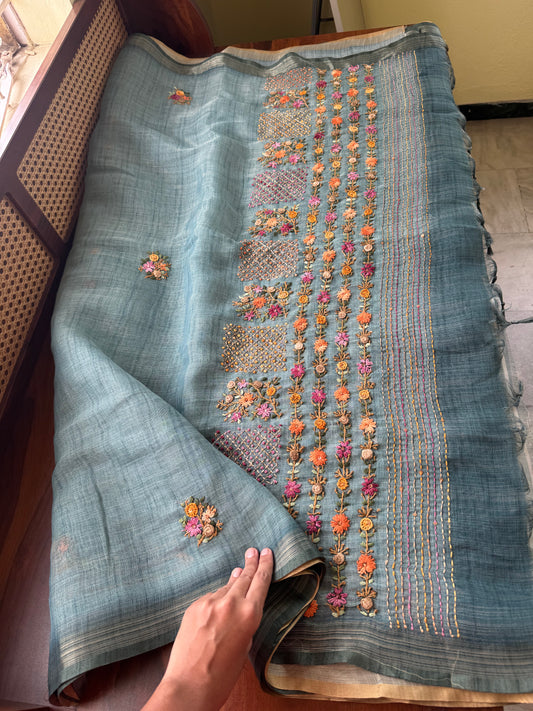 Premium Tissue Linen Sarees with heavy blouse - Blue