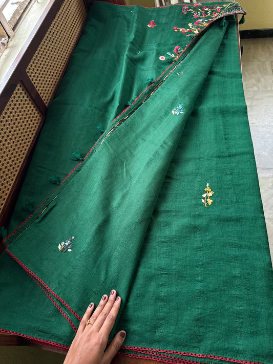 Kosa Tussar Hand Embroidery Saree - Green