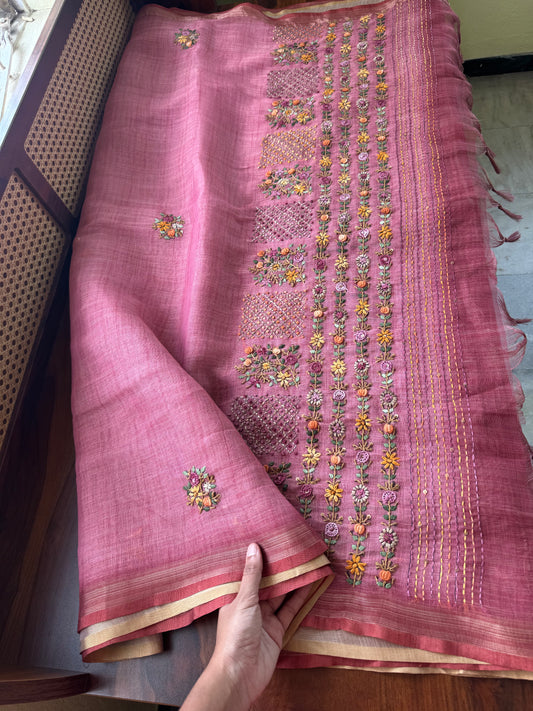 Premium Tissue Linen Sarees with heavy blouse - Pink
