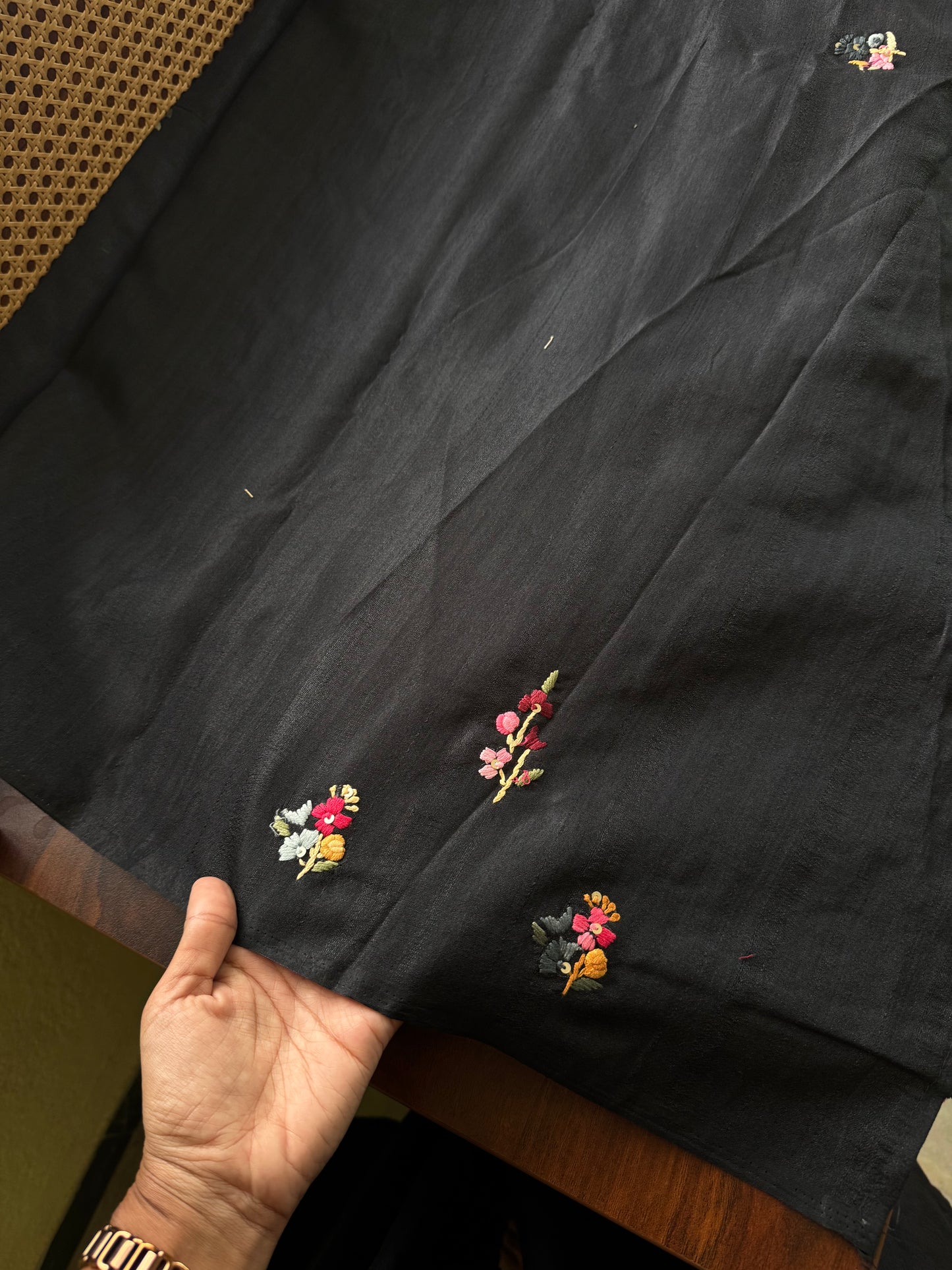 Kosa Tussar Hand Embroidery Saree - Black