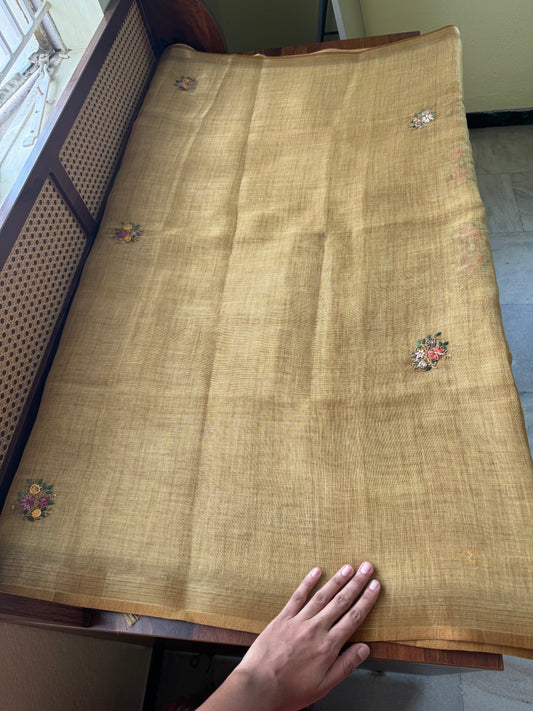 Premium Tissue Linen Sarees with heavy blouse - Henna Green