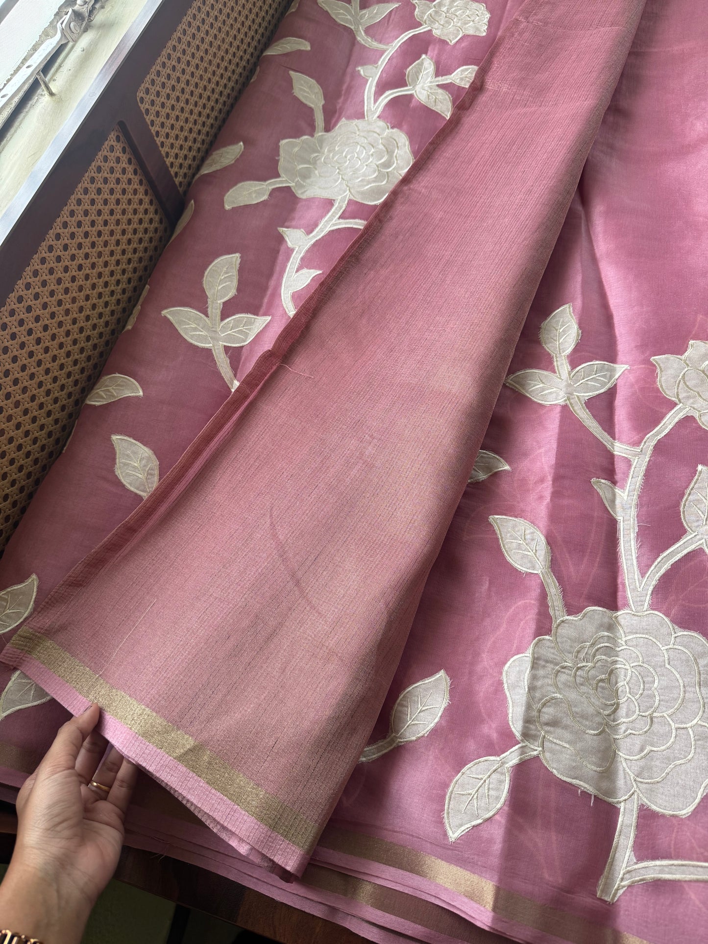 Mul Chanderi Tissue Saree with appliqué - Pink