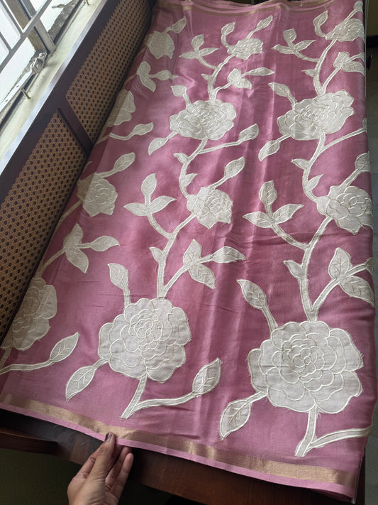 Mul Chanderi Tissue Saree with appliqué - Pink