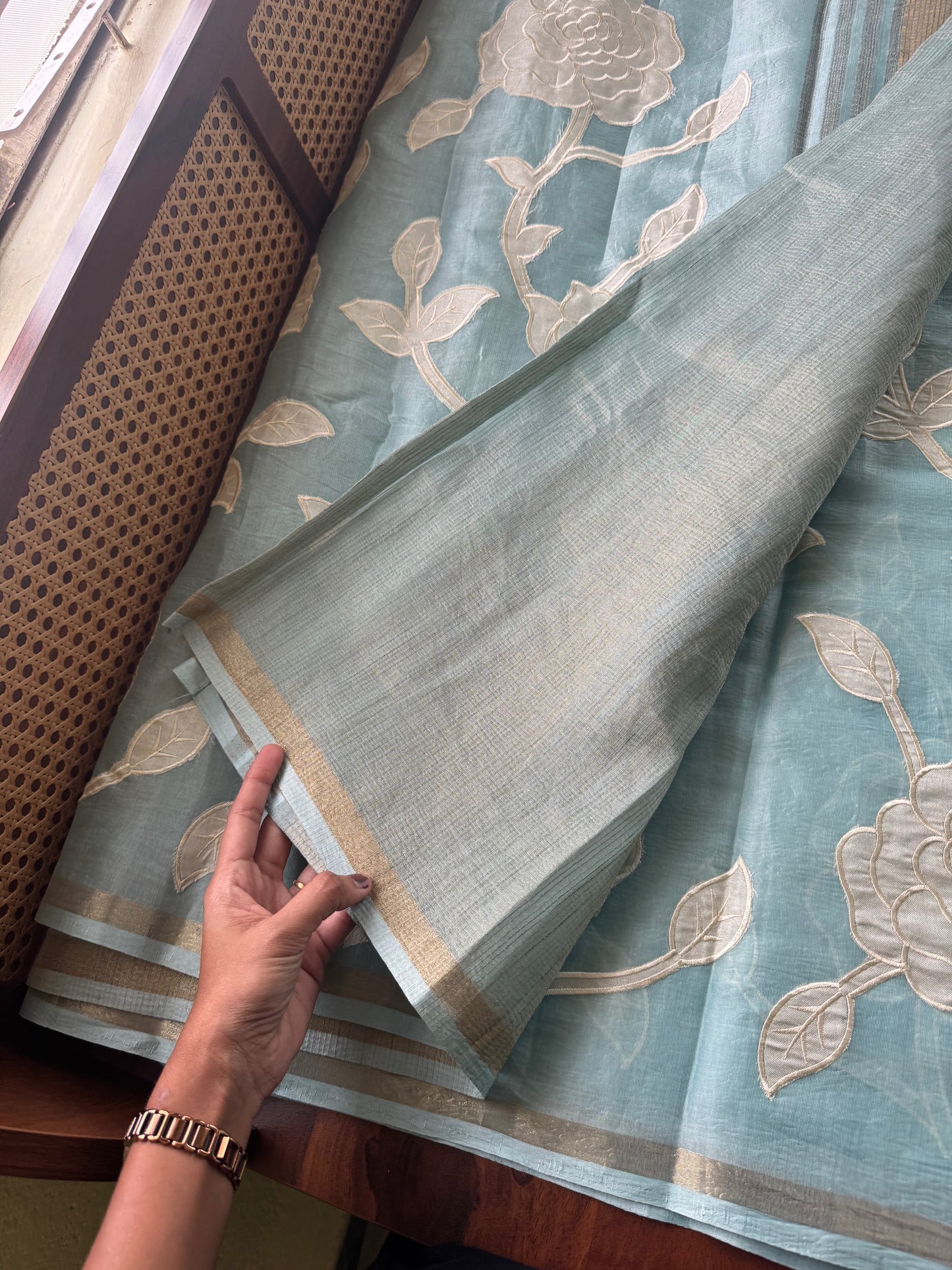 Mul Chanderi Tissue Saree with appliqué - Blue