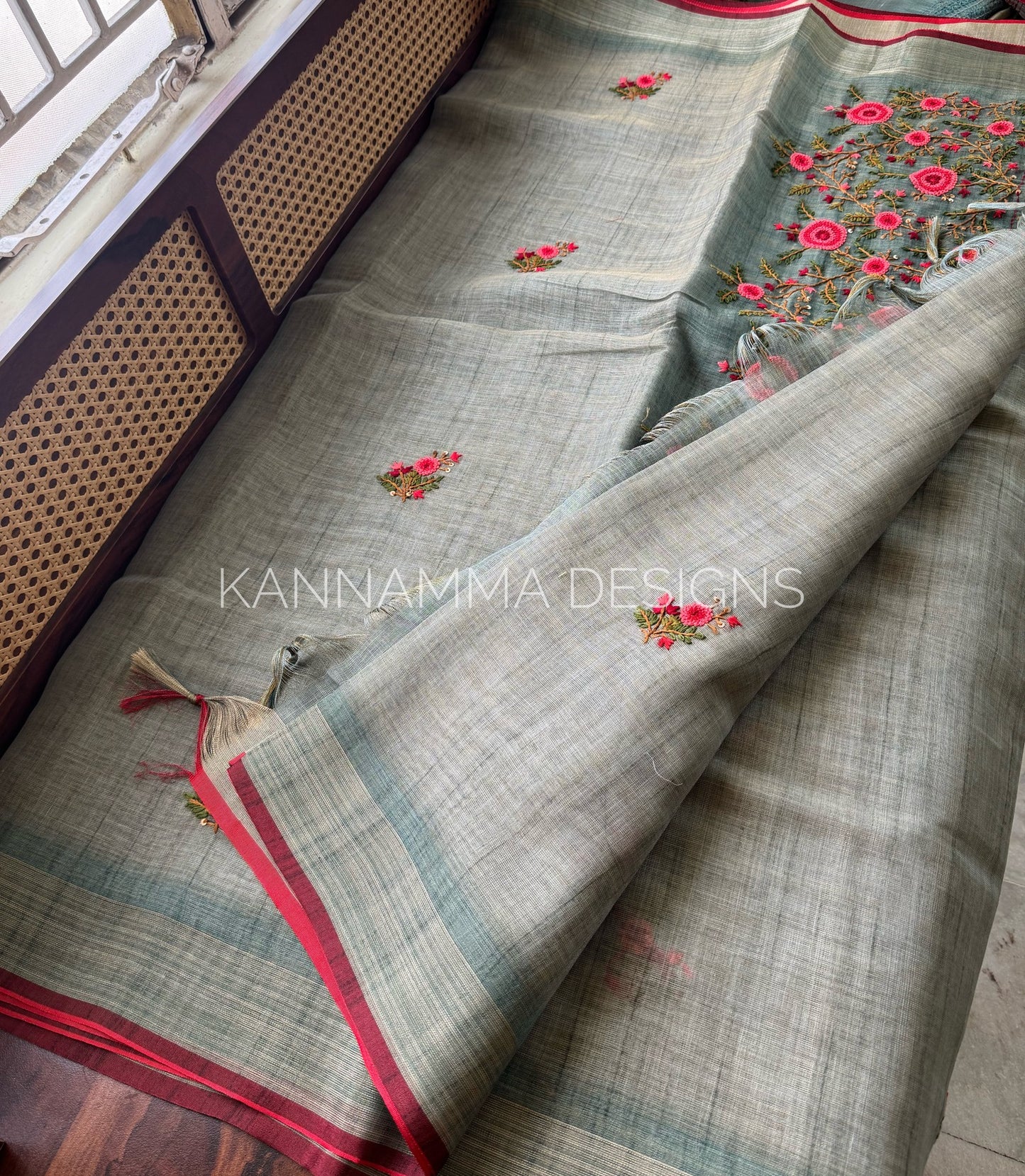 Premium Tissue Linen Sarees -Sage Green
