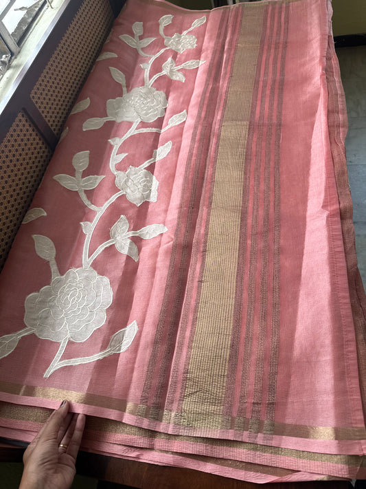 Mul Chanderi Tissue Saree with appliqué - Peach