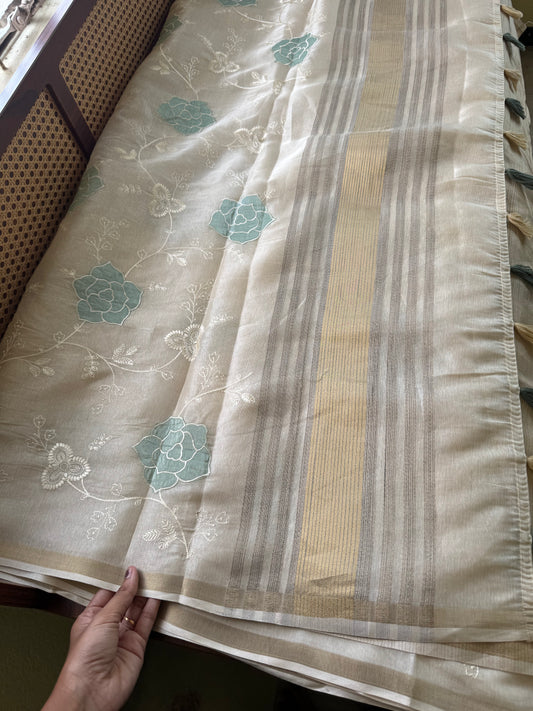 Mul Chanderi Tissue Saree - Cream & Blue
