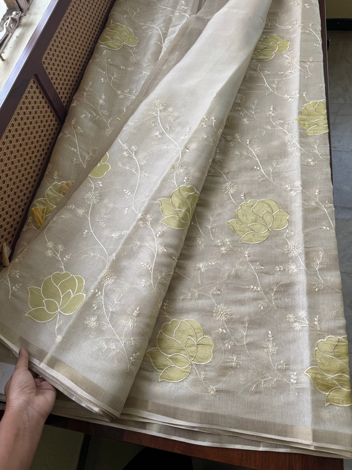 Mul Chanderi Tissue Saree - Cream & Yellow Golden