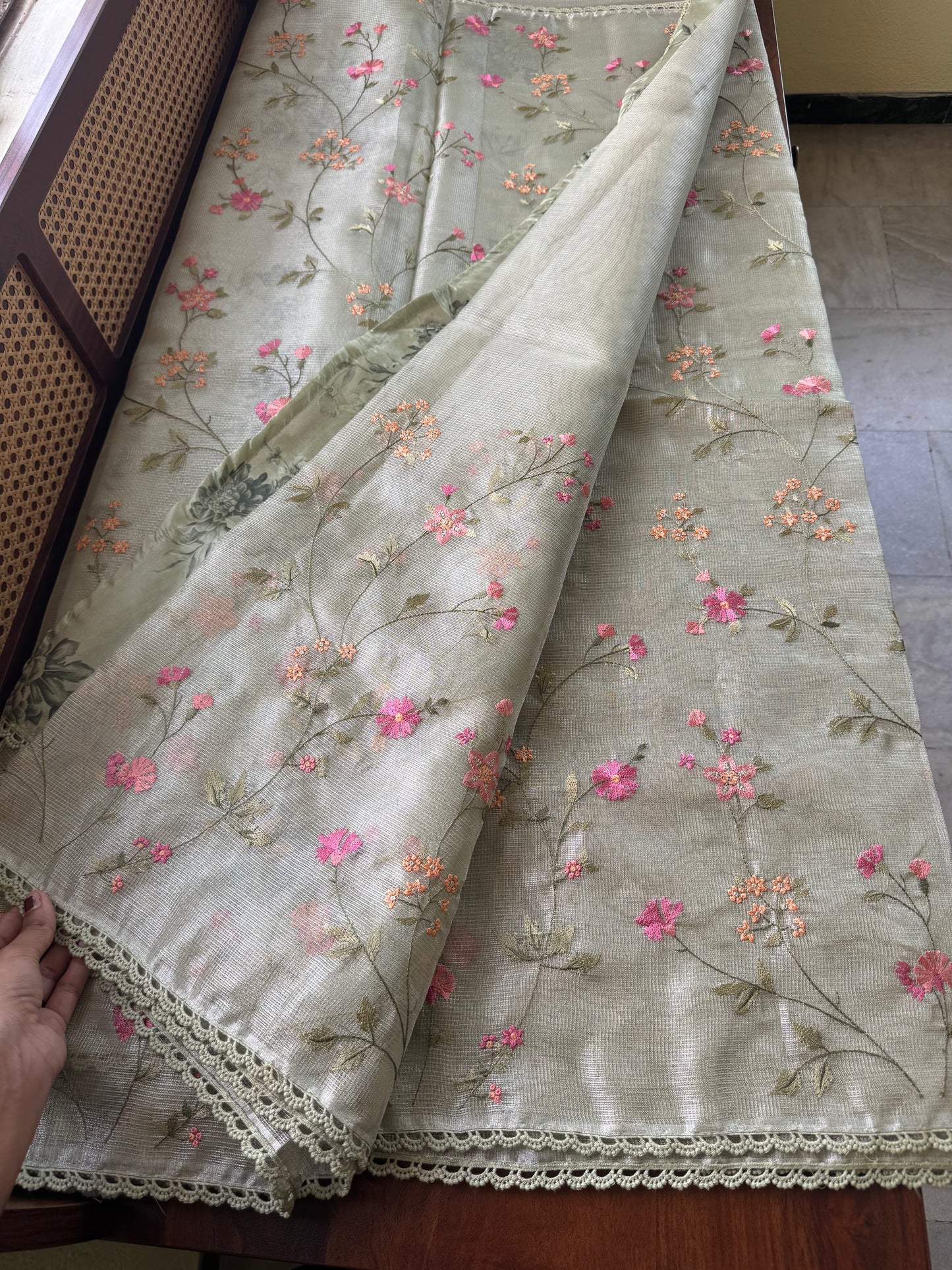 Floral Tissue Saree - Green