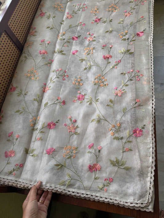Floral Tissue Saree - Silver Grey