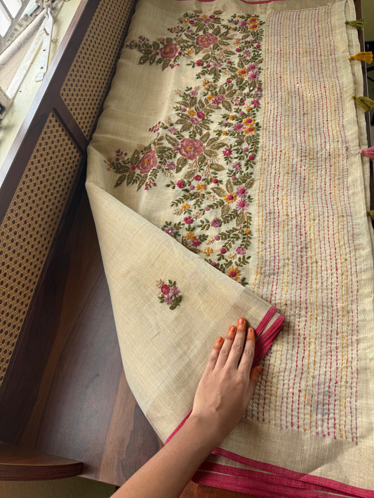 Premium Tissue Linen Sarees - Golden beige & Pink