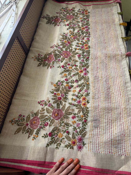 Premium Tissue Linen Sarees - Golden beige & Pink