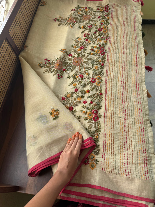 Premium Tissue Linen Sarees - Golden beige & Marigold