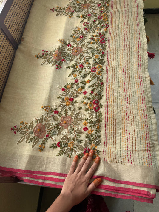 Premium Tissue Linen Sarees - Golden beige & Marigold