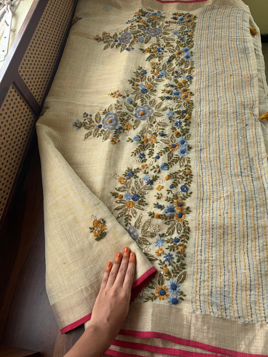 Premium Tissue Linen Sarees - Golden beige & Blue