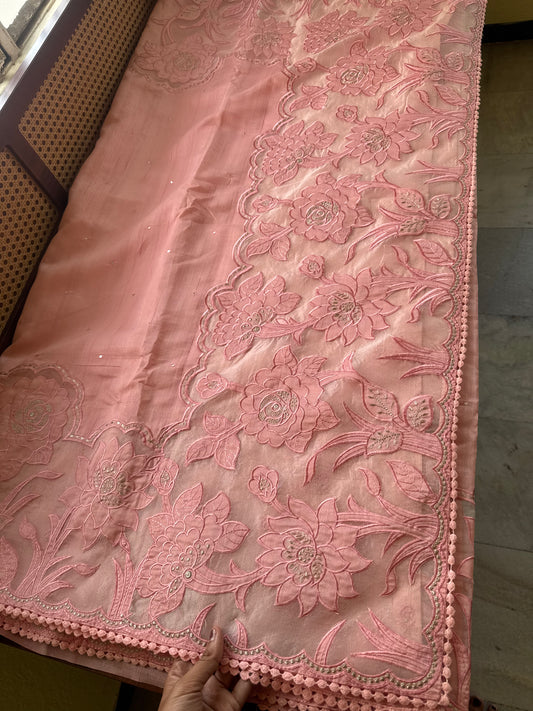 Tussar Blend Applique Saree - Peach