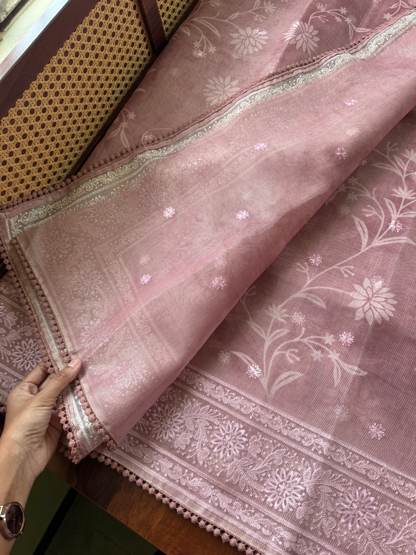 Premium Tissue Linen Sarees - Metallic Pink