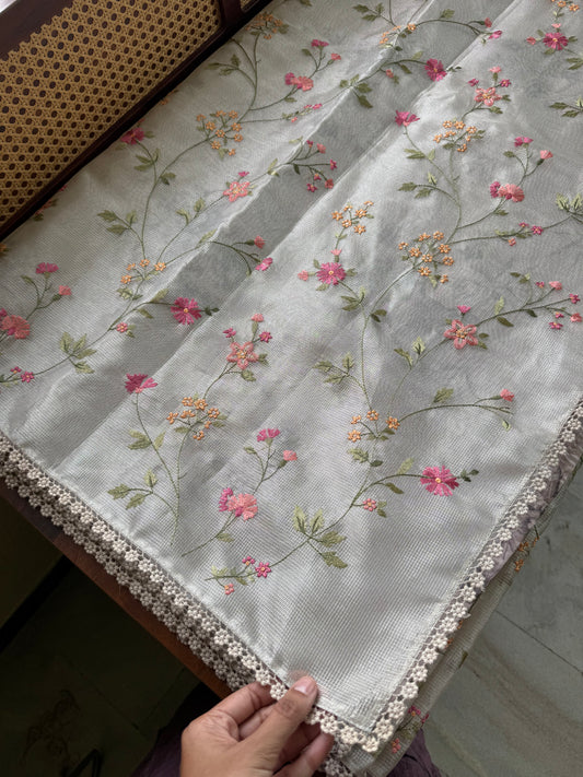 Floral Tissue Saree - Silver Grey