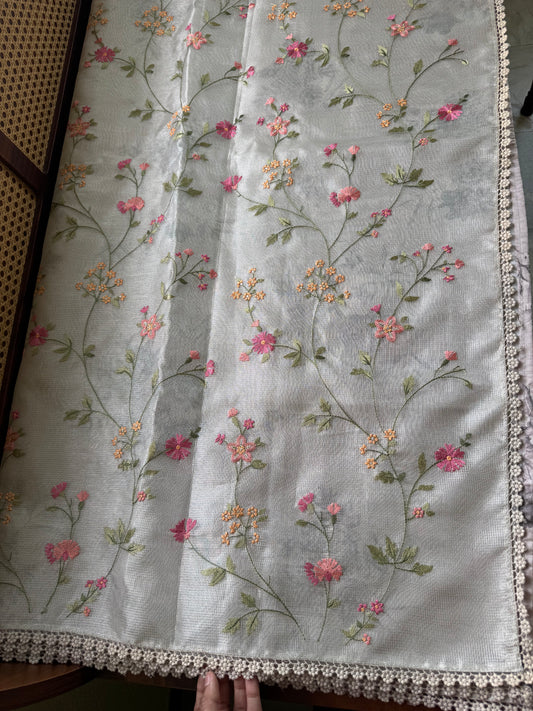 Floral Tissue Saree - Silver Grey