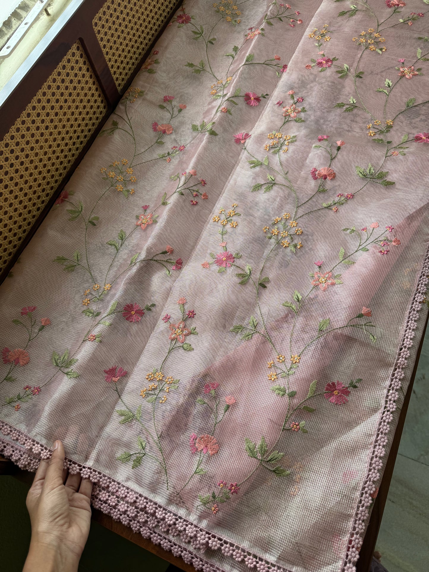 Floral Tissue Saree - Metallic Pink