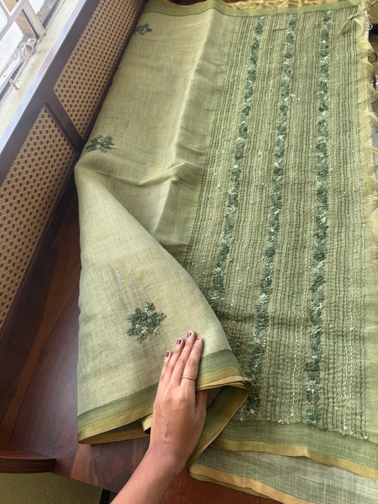 Premium Tissue Linen Saree with heavy blouse -Green