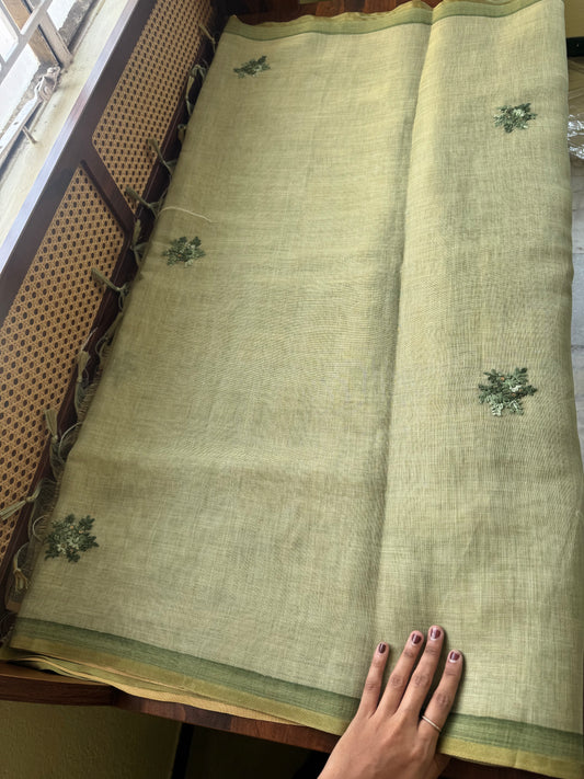 Premium Tissue Linen Saree with heavy blouse -Green