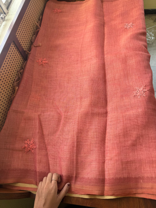 Premium Tissue Linen Saree with heavy blouse -Peach