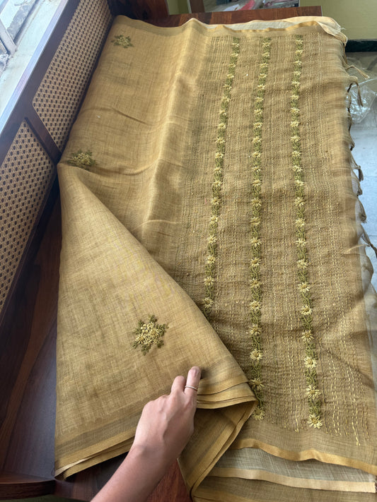 Premium Tissue Linen Saree with heavy blouse - Henna Green