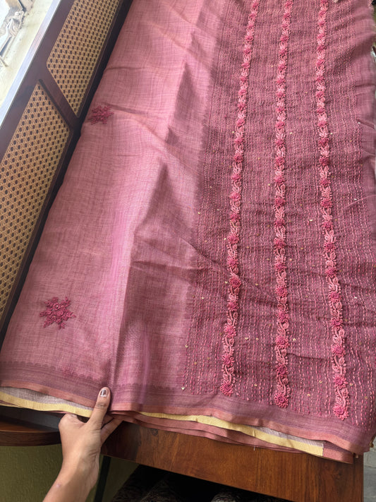 Premium Tissue Linen Saree with heavy blouse - Pink