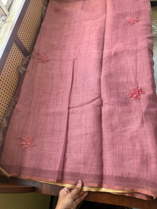 Premium Tissue Linen Saree with heavy blouse - Pink