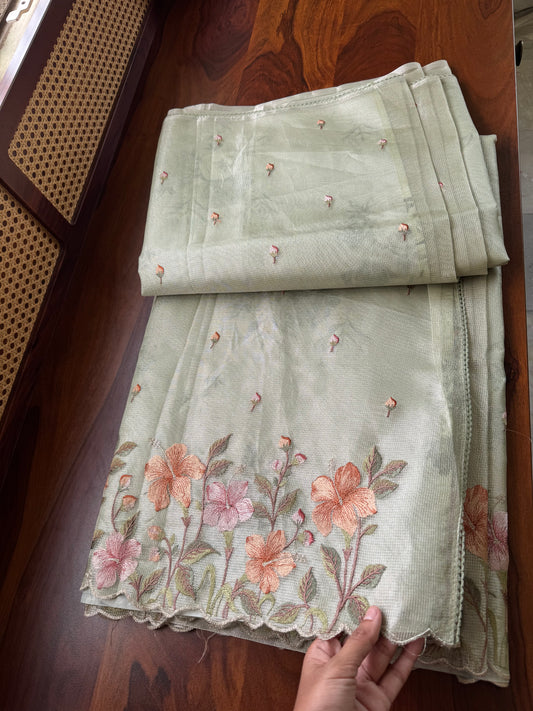 Floral Tissue Saree - Pastel Green
