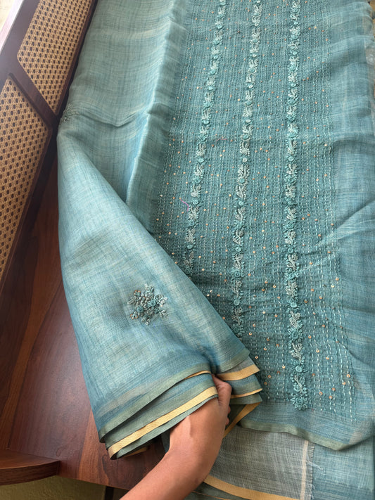 Premium Tissue Linen Saree with heavy blouse - Blue