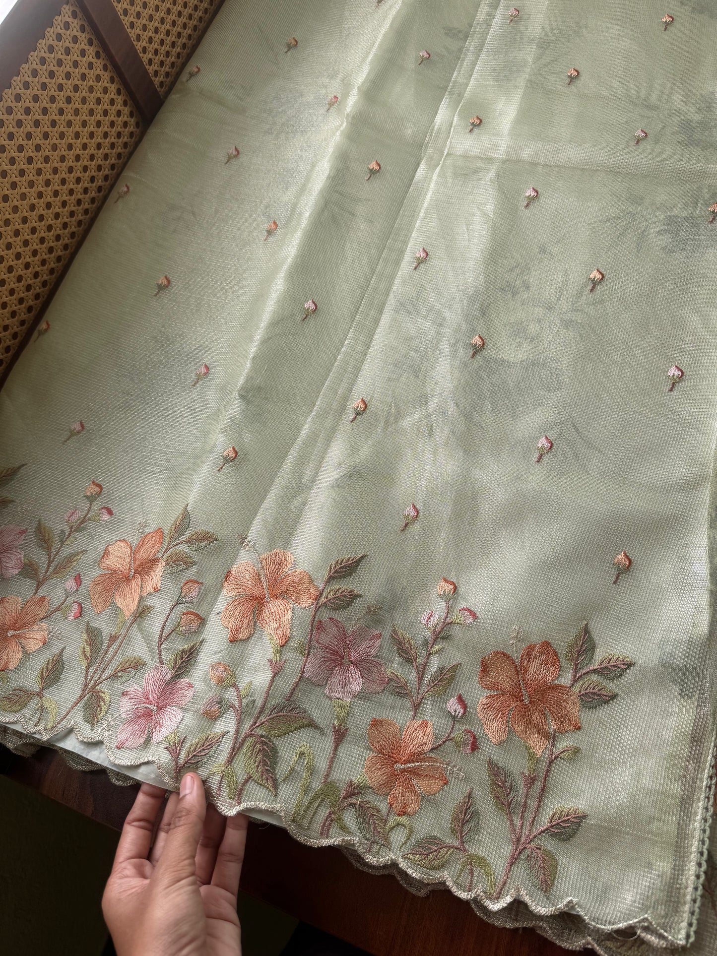 Floral Tissue Saree - Pastel Green