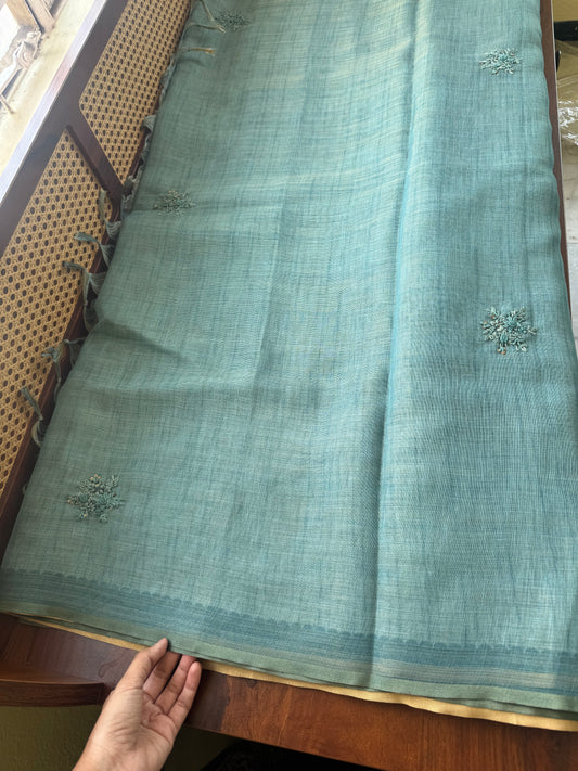 Premium Tissue Linen Saree with heavy blouse - Blue