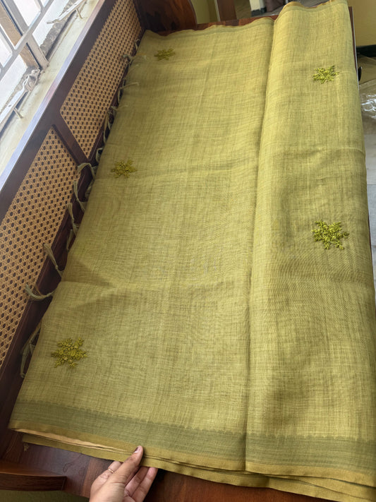 Premium Tissue Linen Saree with heavy blouse -Bright Green