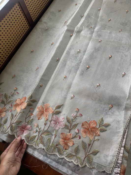 Floral Tissue Saree - Grey