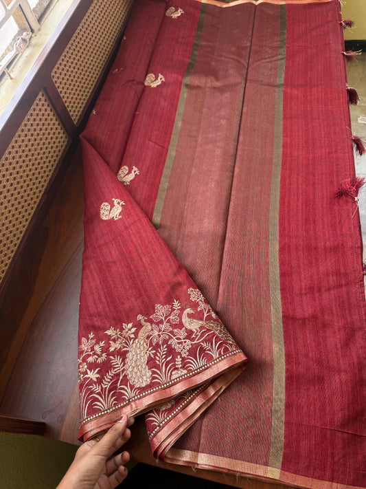 Embroidered Tussar Blend - Maroon