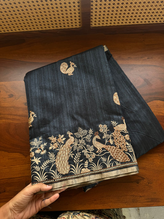 Embroidered Tussar Blend - Blue
